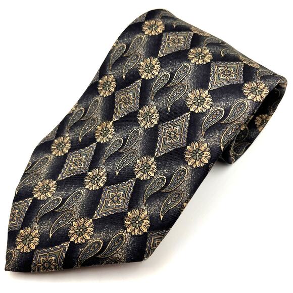 Johnny Carson - Men's Tie - Floral Paisley All Over Design -Black Gray Tan -Silk - Picture 5 of 5